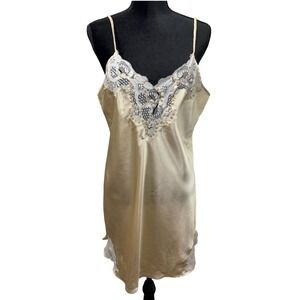Delicates Large Butter Yellow Lace Trim Satin Chemise Mini Slip Coquette Regency